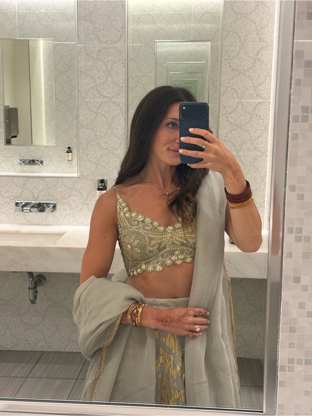 Gold Embellished Grey Lehenga Skirt &Top — Elegant Women’s Skirt & Top - Picture 2 of 2